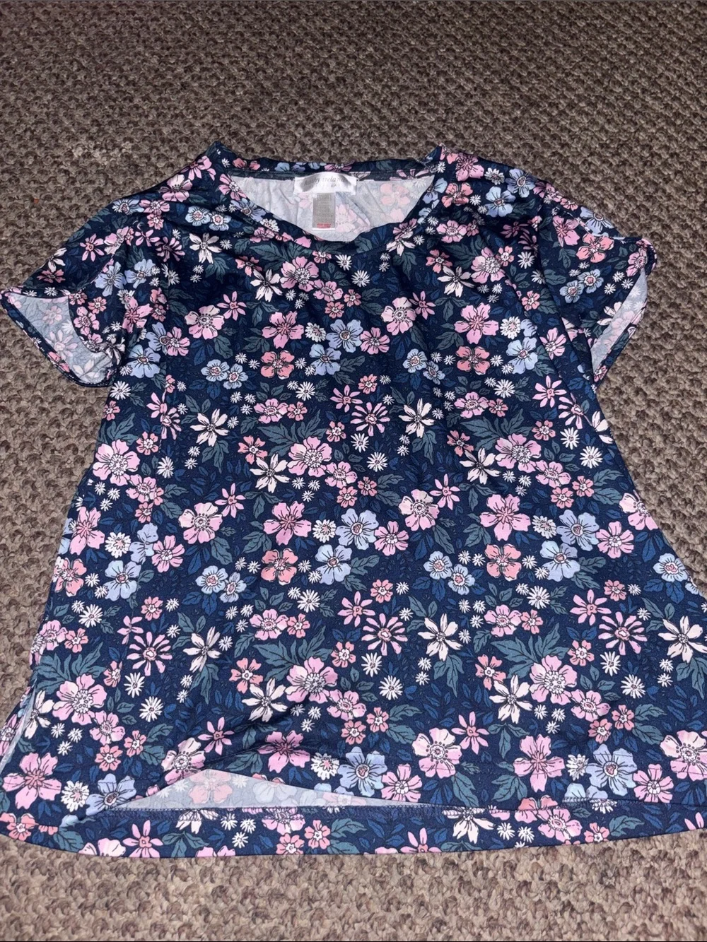 kathy ireland Navy Floral Short Sleeve Pajama Top - Pink & Light Blue Flowers